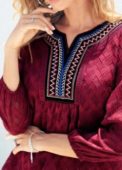 Wine Red Textured Fabric Split Neck Blouse -Rosewe Promotion Store 289100 P 16383567252994