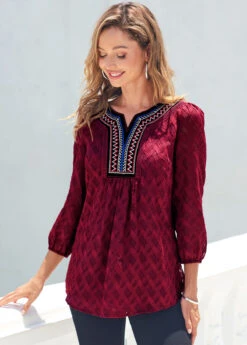 Wine Red Textured Fabric Split Neck Blouse -Rosewe Promotion Store 289100 P 16383567255025
