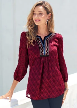 Wine Red Textured Fabric Split Neck Blouse -Rosewe Promotion Store 289100 P 16383567255993