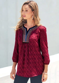 Wine Red Textured Fabric Split Neck Blouse -Rosewe Promotion Store 289100 P 16383567256062
