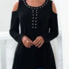 Cold Shoulder Rhinestone Asymmetric Hem Black T Shirt -Rosewe Promotion Store 289123 P 16393939372800