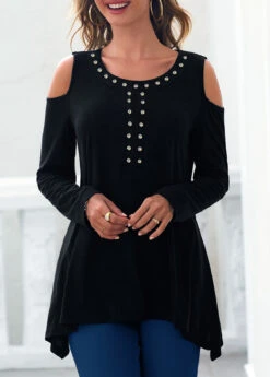 Cold Shoulder Rhinestone Asymmetric Hem Black T Shirt