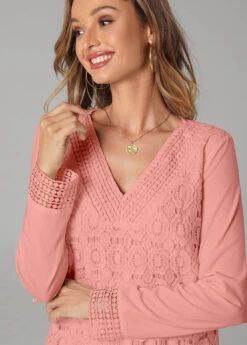 Lace Patchwork V Neck Pink T Shirt 11 Lace Patchwork V Neck Pink T Shirt -Rosewe Promotion Store 289143 P 16348944455564