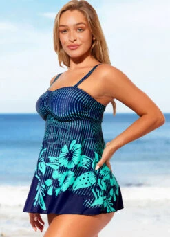 Cyan Floral Print Wide Strap Swimdress And Panty -Rosewe Promotion Store 289165 P 16433542730562