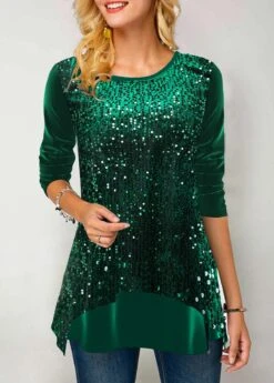 Green Sequin Velvet Stitching Round Neck Sweatshirt