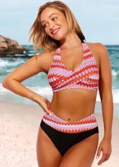 Tribal Print Halter Orange High Waisted Bikini Set -Rosewe Promotion Store 289538 P 16481758871353