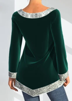 Velvet Stitching Asymmetric Hem Sequin Green T Shirt -Rosewe Promotion Store 289554 P 1636364040658
