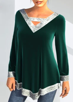 Velvet Stitching Asymmetric Hem Sequin Green T Shirt -Rosewe Promotion Store 289554 P 1636364040853