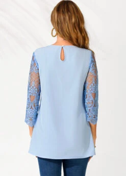 Split Neck Light Blue Lace Stitching Blouse -Rosewe Promotion Store 289842 P 16395618342711