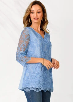 Split Neck Light Blue Lace Stitching Blouse -Rosewe Promotion Store 289842 P 16395618342892