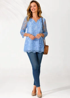 Split Neck Light Blue Lace Stitching Blouse -Rosewe Promotion Store 289842 P 16395618343084