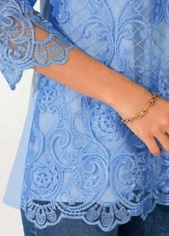 Split Neck Light Blue Lace Stitching Blouse -Rosewe Promotion Store 289842 P 16395618346703