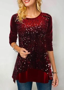 Wine Red Christmas Design Velvet Stitching Sequin Sweatshirt