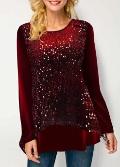 Wine Red Christmas Design Velvet Stitching Sequin Sweatshirt -Rosewe Promotion Store 289979 P 1635748280611
