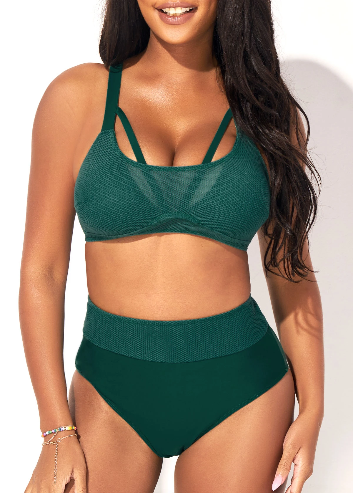 Dark Green Mesh Stitching High Waist Bikini Set 3 Dark Green Mesh Stitching High Waist Bikini Set