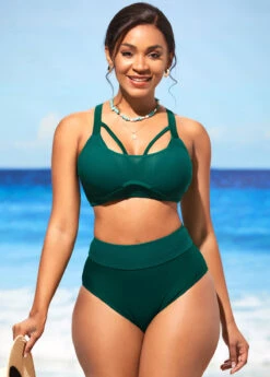 Dark Green Mesh Stitching High Waist Bikini Set 15 Dark Green Mesh Stitching High Waist Bikini Set -Rosewe Promotion Store 290238 P 16418056598604