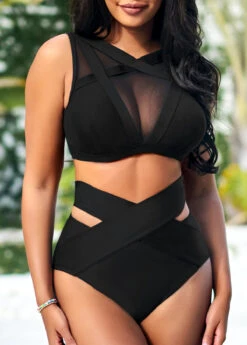 Mesh Stitching Black High Waisted Bikini Set -Rosewe Promotion Store 290249 P 16473372049093