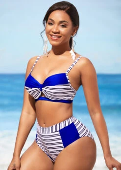 Royal Blue Stripe Print Contrast Bikini Set -Rosewe Promotion Store 290266 P 16384082043822