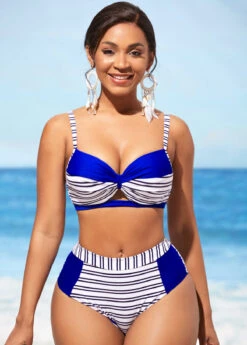 Royal Blue Stripe Print Contrast Bikini Set -Rosewe Promotion Store 290266 P 16384082046373