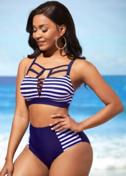Navy Blue Stripe Print Cross Strap Bikini Set -Rosewe Promotion Store 290268 P 16419852569552