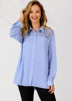 Lace Trim Turndown Collar Long Sleeve Blue Blouse -Rosewe Promotion Store 290301 P 16408586571363