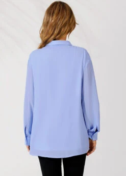 Lace Trim Turndown Collar Long Sleeve Blue Blouse -Rosewe Promotion Store 290301 P 16408586571521