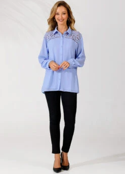 Lace Trim Turndown Collar Long Sleeve Blue Blouse -Rosewe Promotion Store 290301 P 16408586573914