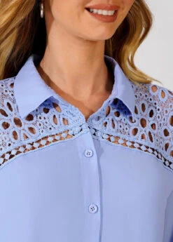 Lace Trim Turndown Collar Long Sleeve Blue Blouse -Rosewe Promotion Store 290301 P 16408586574755