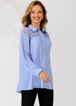 Lace Trim Turndown Collar Long Sleeve Blue Blouse -Rosewe Promotion Store 290301 P 16408586579732