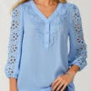 Lace Stitching V Neck Sky Blue Blouse -Rosewe Promotion Store 290303 P 16395613056780