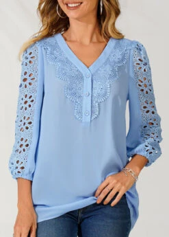 Lace Stitching V Neck Sky Blue Blouse