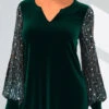 Dark Green Velvet Stitching Split Neck Sequin T Shirt -Rosewe Promotion Store 290312 P 1639648204013