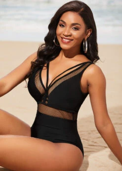 Black Fishnet Panel Sheer One Piece Swimwear 9 Black Fishnet Panel Sheer One Piece Swimwear -Rosewe Promotion Store 290319 P 16384089739033