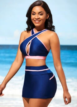 Contrast Stitch High Waist Navy Blue Bikini Set -Rosewe Promotion Store 290323 P 16387933346452