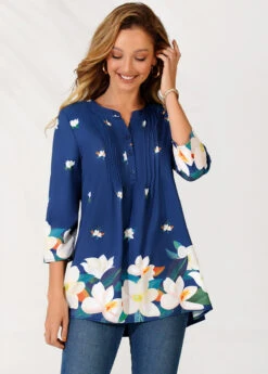 Floral Print Split Neck Navy Blue Blouse -Rosewe Promotion Store 290337 P 16397063190412