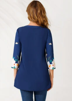 Floral Print Split Neck Navy Blue Blouse -Rosewe Promotion Store 290337 P 16397063195551