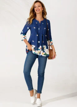 Floral Print Split Neck Navy Blue Blouse -Rosewe Promotion Store 290337 P 16397063197623