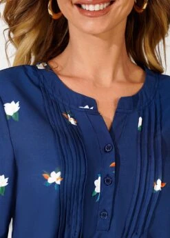 Floral Print Split Neck Navy Blue Blouse -Rosewe Promotion Store 290337 P 16397063198935