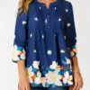 Floral Print Split Neck Navy Blue Blouse -Rosewe Promotion Store 290337 P 16397063199960