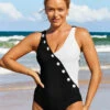 Textured Fabric Decorative Button Black One Piece Swimwear -Rosewe Promotion Store 290407 P 16400550275290