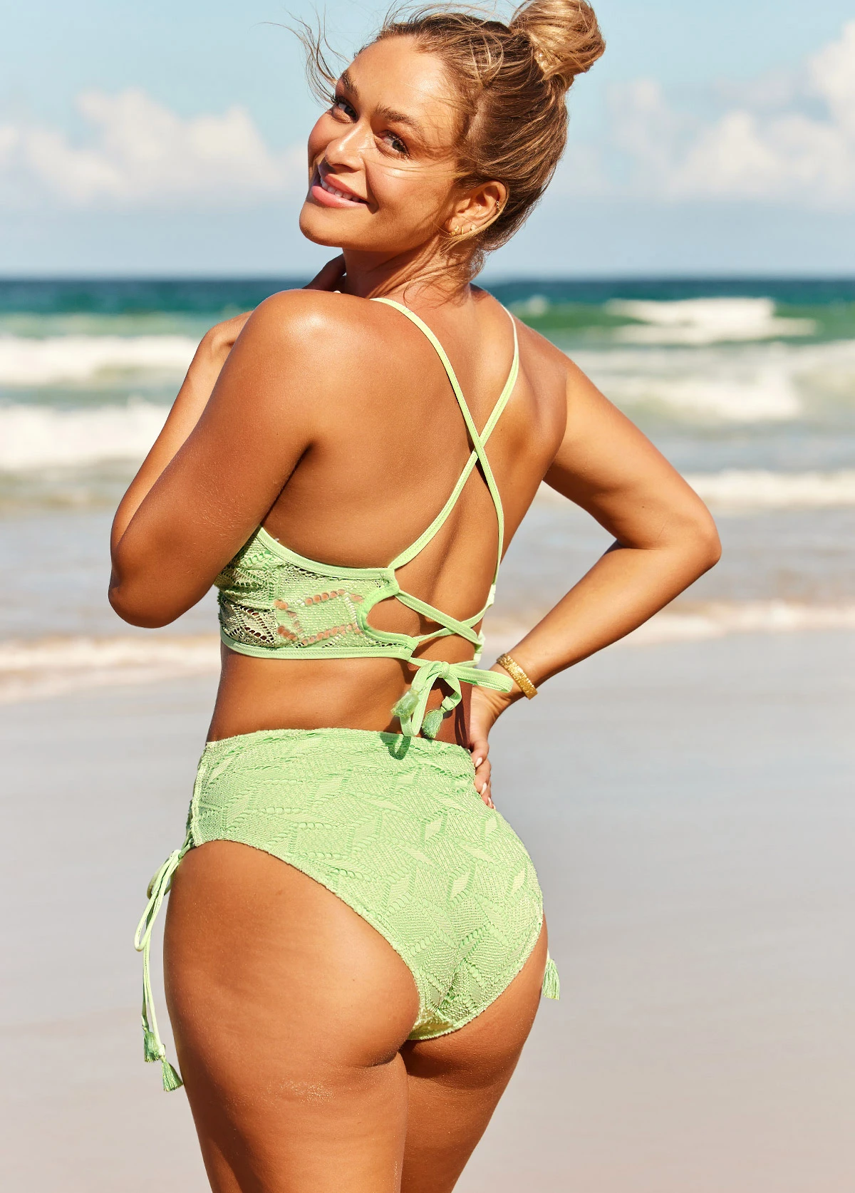 Lace Panel Mint Green Cross Strap Bikini Set 4 Lace Panel Mint Green Cross Strap Bikini Set - Image 2