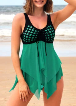 Cyan Tie Front Asymmetric Hem Swimdress And Panty