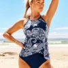 Paisley Print Cross Strap Navy Blue Tankini Set -Rosewe Promotion Store 290434 P 16391039693020