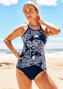 Paisley Print Cross Strap Navy Blue Tankini Set -Rosewe Promotion Store 290434 P 16391039697803