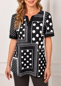 Polka Dot Geometric Print Black Split Neck T Shirt