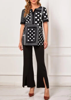 Polka Dot Geometric Print Black Split Neck T Shirt -Rosewe Promotion Store 290478 P 16393888369523