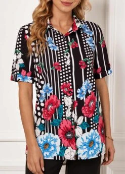 Floral Print Turndown Collar Polka Dot Blouse