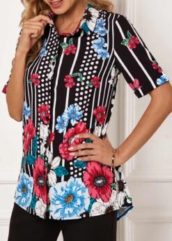 Floral Print Turndown Collar Polka Dot Blouse -Rosewe Promotion Store 290479 P 16393892316552