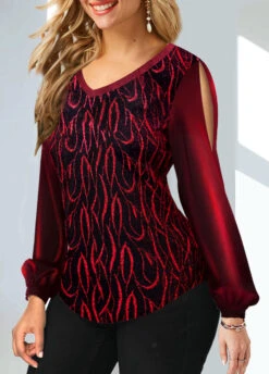 Velvet Stitching Hot Stamping Wine Red Sweatshirt -Rosewe Promotion Store 290553 P 1636095456763
