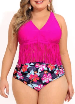 Plus Size Floral Print High Waist Tassel Bikini Set 11 Plus Size Floral Print High Waist Tassel Bikini Set -Rosewe Promotion Store 290680 P 16403401485973